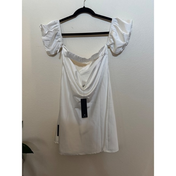 Lulus White Satin Off Shoulder Mini Dress Puff Sleeve Party Cocktail - Picture 1 of 3
